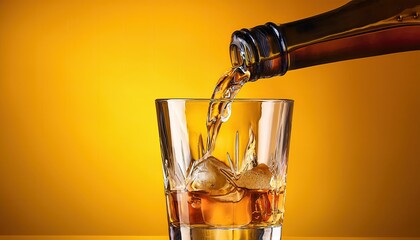 Pouring a glass of whiskey on a yellow background