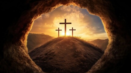 Crosses silhouetted against a sunset in a mountainous landscape viewed through a rocky opening