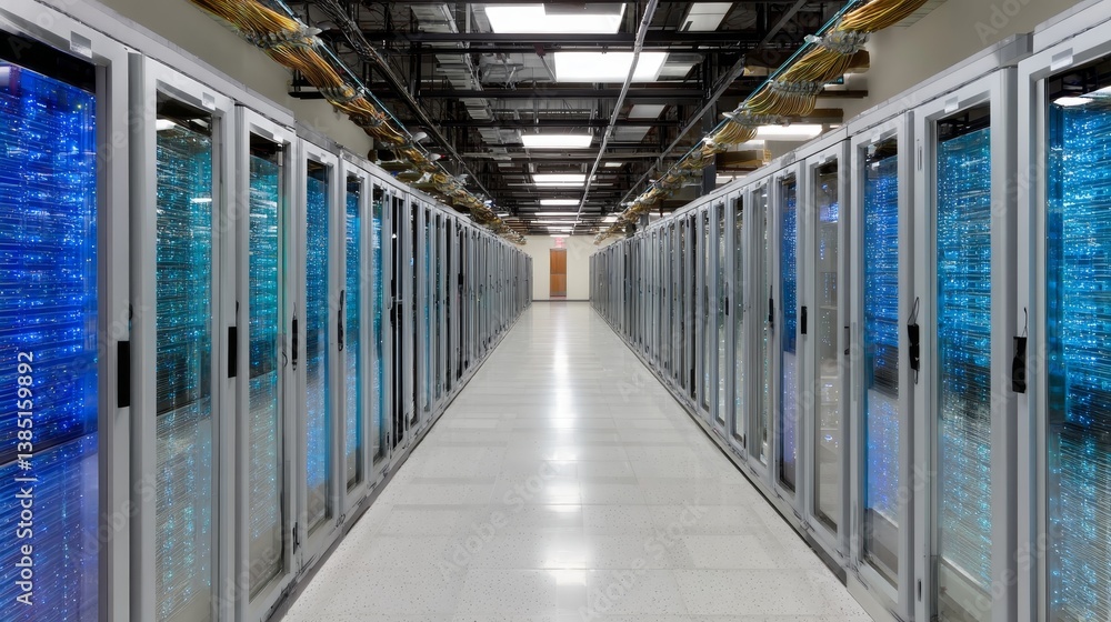 Poster Futuristic data center showcases glowing servers and cables, highlighting the strength of digital infrastructure and scalability in cloud computing