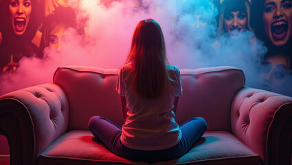 Woman Silhouetted Against a Wall of Screaming Faces in a Smoky Room