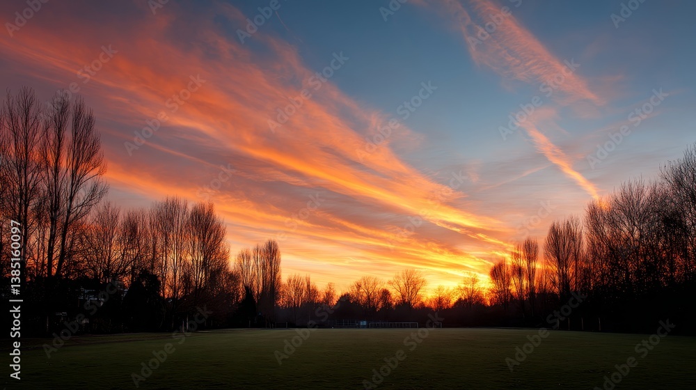 Poster wide-angle view showcases a stunning sunset with vibrant orange and red clouds, the sun low on the h