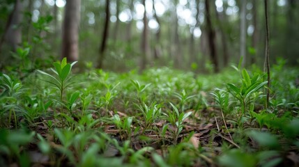 Forest floor plants, low angle view, green foliage, nature background. Possible Use Nature, environmental, education
