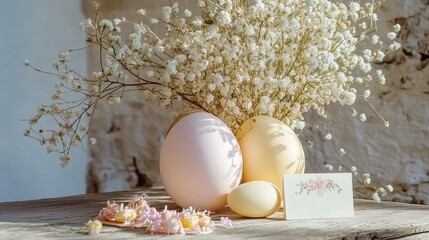Decorative pastel eggs with flowers and a greeting card on a rustic wooden table in a bright space