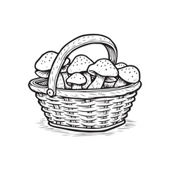 Fototapeta premium Basket with mushrooms doodle style coloring page, Hand drawn line art autumn illustration with mushrooms and berries, forest gifts. Coloring book for kids and adults. Vector illustration