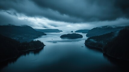 Naklejka premium Misty fjord, dark clouds, tranquil islands. Aerial perspective. Stock photo
