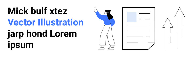 Person pointing upwards near a document and arrows symbolizing growth, progress, and success. Ideal for business strategies, professional development, data analysis, productivity tips, education