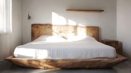 Modern bedroom with wooden bed, natural light.  Possible use Interior design, home decor