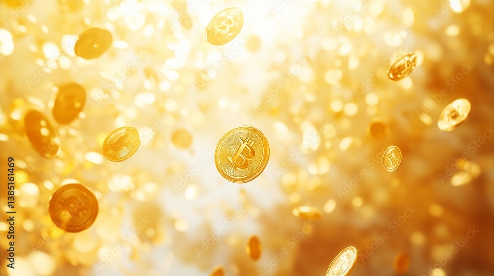 Poster golden bitcoin rain: illustrative visual concept of many golden bitcoin falling, creating a dynamic 