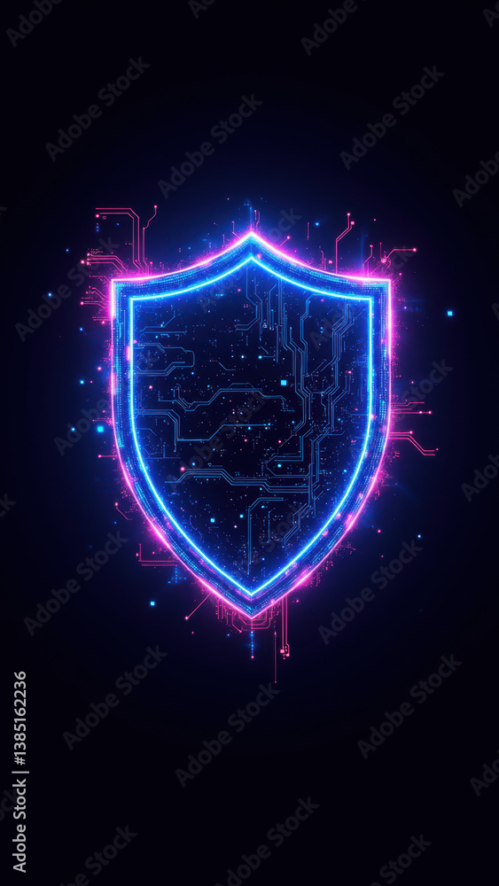 Poster cybersecurity protection shield with digital and tech-inspired background.