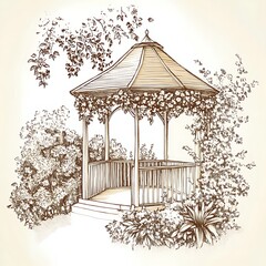 Elegant Garden Gazebo Illustration A hand-drawn illustration of a charming gazebo nestled amongst blooming flowers and lush greenery.