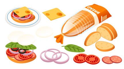 Collection of sandwich ingredients. Packaged bread loaf with slices. Cheese slice and various vegetables tomatoes, onions and greens. Sandwich assembly. Vector illustration isolated on white