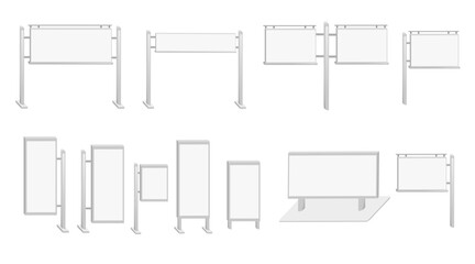 Isometric set of display stands and barriers. Empty billboard collection on stands. Vector illustration isolated on white background
