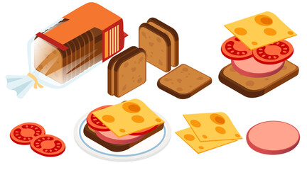 Collection of sandwich ingredients and assembled sandwich. Bread loaf and slices. Cheese wedges. Tomato slices. Sandwich components. Vector illustration isolated on white background