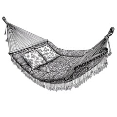 Hand-drawn illustration of a comfortable hammock with patterned cushions, perfect for relaxation and summer themes.