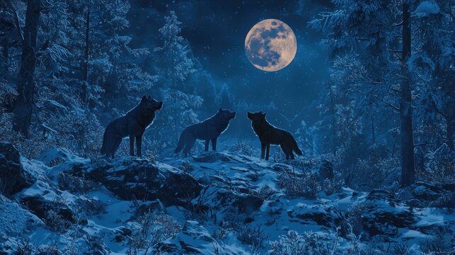 Three wolves howling at a full moon in a snowy forest at night.