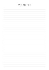 MY NOTES blank sheet of paper with straight parallel lines on white isolated background. Vector illustration.