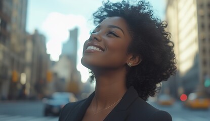 Obraz premium Woman with curly hair in dark coat and turtleneck sweater on city street, soft lighting, warm hopeful atmosphere, urban background