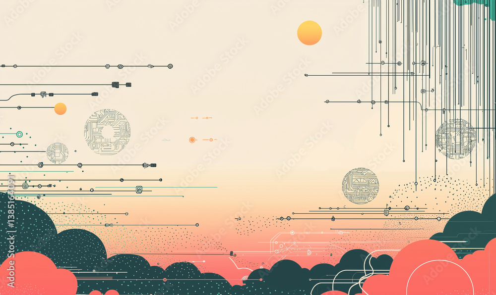 Aufkleber dynamic cloud computing visuals over abstract landscape digital art technological evolution serene s