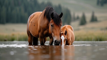Naklejka premium Serene Moment of Horses in Water under Blue Sky and Green Fields