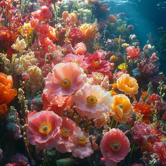 A vivid image of a garden of anemones, each hosting tiny, colorful inhabitants