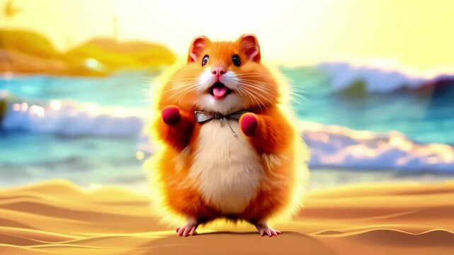 Adorable ginger hamster standing on sandy beach with ocean waves in background. The cute rodent moves its cheeks and paws while looking around curiously in bright sunlight.