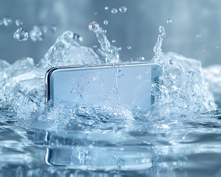 Blank Smartphone Mockup Submerged Underwater Showcasing Waterproof Capabilities and Liquid Immersion Concept