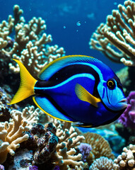 Majestic Blue Tang Fish Swimming Through Vibrant Coral Reef with Soft Sunlight