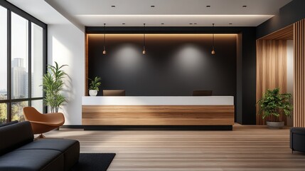 Modern Office Lobby Reception Area with City View