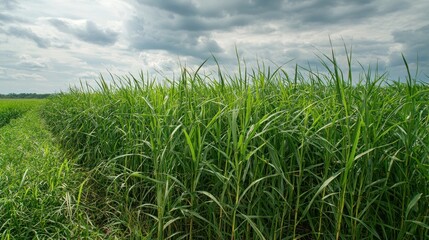 Obraz premium Lush green grass field under a dramatic sky.