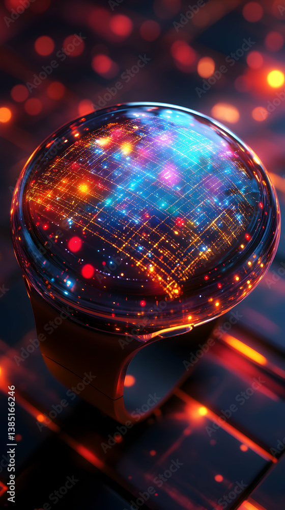 Poster futuristic smartwatch displaying a holographic network of interconnected data