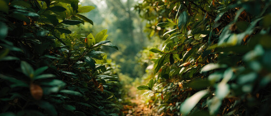 Lush green foliage path leading into a dense forest nature photography