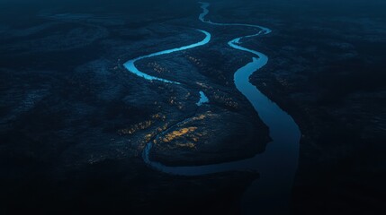 Winding River Through Dark Forest Landscape. Aerial View. Possible Use Stock Photo