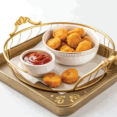  nuggets with sauce in small bowl in beautiful tray