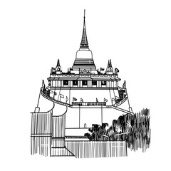 Fototapeta premium The Golden Mount at Wat Saket in Bangkok, Thailand. Sketch by hand. Vector illustration