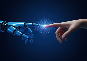 Fototapeta premium A human hand and a robotic hand touch, representing a futuristic connection with a circuit design.