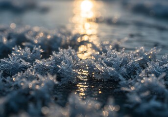 Close-up of Frost Crystals in Winter Sunlight, Macro Photography, Ice Formation, Frozen Water, Nature's Beauty.
