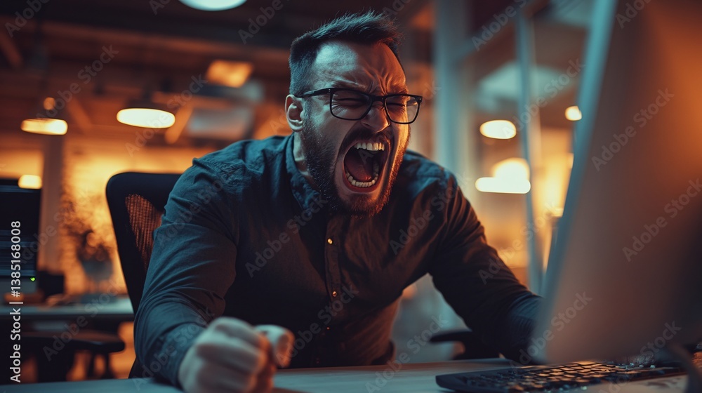 Poster Furious programmer shouting at computer screen working late night in office