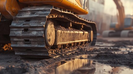 Close-up of a yellow snow removal machine's tracks on a snowy city street.