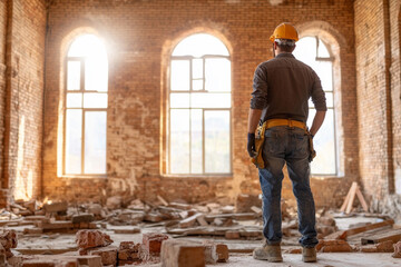Fototapeta premium Worker installing a new window in a recently renovated room filled with construction debris and natural light
