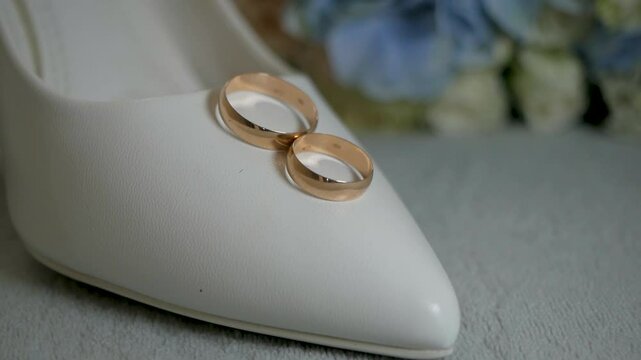 Wedding bouquet of white blue flowers, rings and shoes