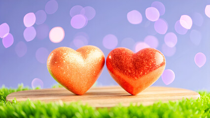 Obraz premium Two Red Hearts on Wood with Bokeh on Purple Background