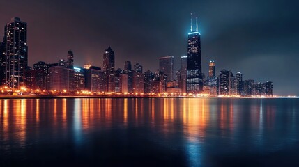 Fototapeta premium Night cityscape, lakefront reflection, city lights, calm water, urban skyline, travel, tourism, advertising
