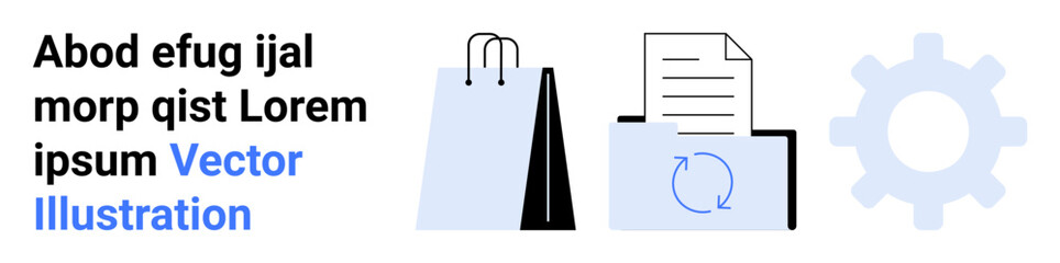 Shopping bag, document with arrows, and gear representing e-commerce, automation, and business processes. Ideal for productivity, workflow, e-commerce, optimization retail data management simple