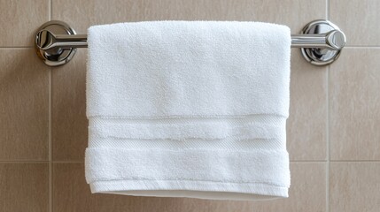 White towel neatly folded and hanging on a metal rod in tiled bathroom
