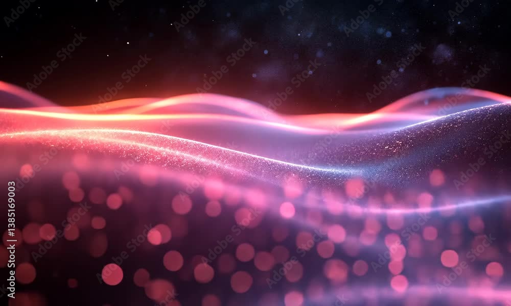 Poster abstract glowing particle waves animation with bokeh lights and nebula background