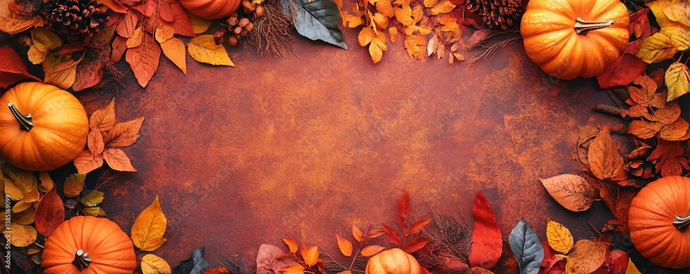 Aufkleber Autumn background with pumpkins and colorful leaves forming frame on rustic surface