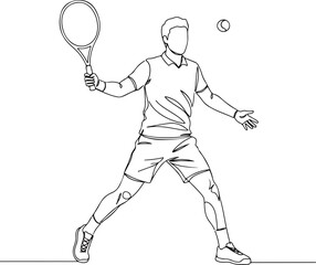 tennis player with racket continuous single line art drawing sketch on white background