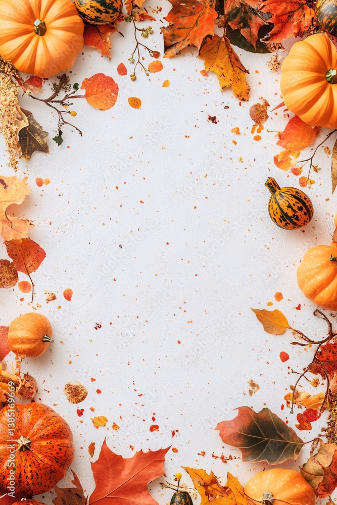 Poster autumn composition with pumpkins and leaves forming a frame on white background