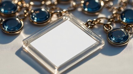 Square blank keychain with blue gems around border on elegant black background for luxury branding mockup.