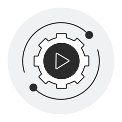 Automated Execution. Flat-outline icon of gear and play button symbolizing automated systems, workflow automation, and digital operations.